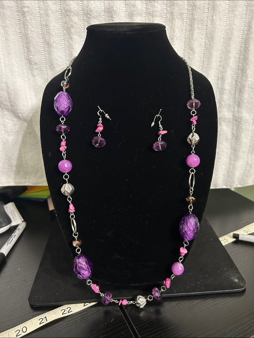 Purple Bead & Chain Women's Necklace with Matching Earrings